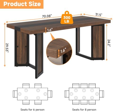 Industrial Dining Table for 6-8 People, 71" Large Long Wooden Kitchen Ta...