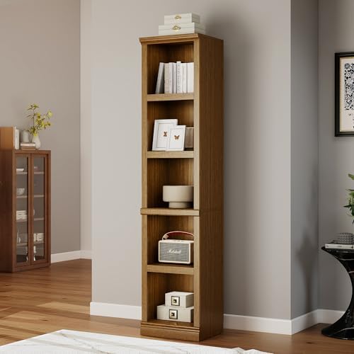 70" Tall Vintage Oak Bookcase, 5 Tiers Narrow Bookshelf for Living Room