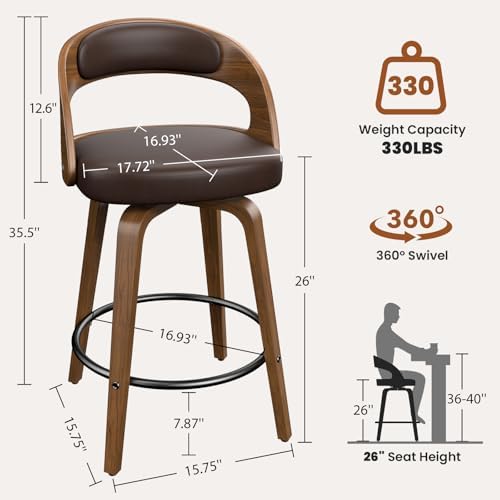 REONEY Swivel Bar Stools Set of 3, 26" Counter Height, Brown | Walnut Wo...