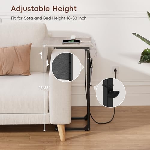 VAGUSICC C Shaped End Table with Charging Station, Adjustable Height Side Tab...