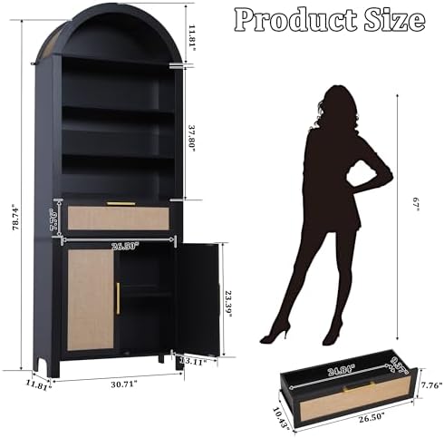 Janmer Home 79" Tall Arched Bookcase Cabinet with Doors, Black,Rattan