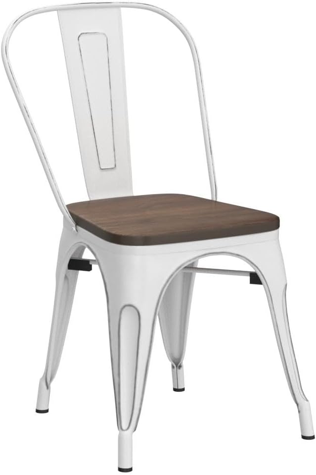 Yaheetech Metal Dining Chairs Set of 4, Industrial Stackable Kitchen Chairs with Wood Top Seat for Dining Room/Restaurant/Bistro/Patio, Indoor & Outdoor Use, White