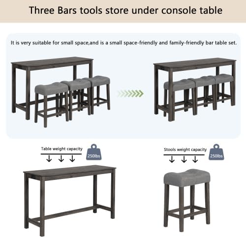 KEIKI 4-Piece Bar Table Set with Power Outlet, USB Ports, and 3 Padded Stools...