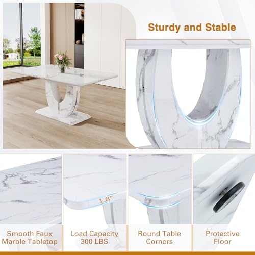 Modern Faux Marble Dining Table Set for 4, 63" White Rectangular Kitchen...