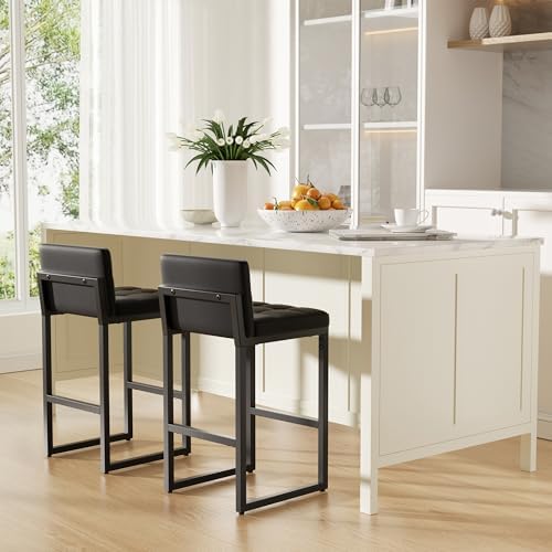 Bar Stools Set of 2, Modern Counter Height Bar Stools, Black | 24" Faux ...