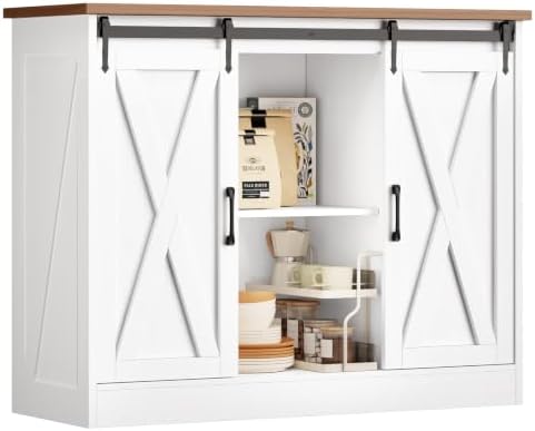Farmhouse Coffee Bar Cabinet, 42" Buffet Cabinet with 2 Sliding Barn Doo...