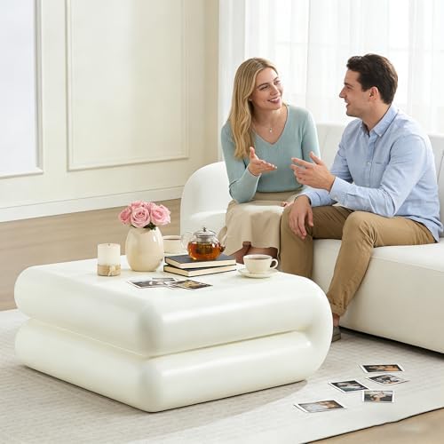 31.5" Modern White Coffee Table, Stone Coffee Table, Square Minimalist C...