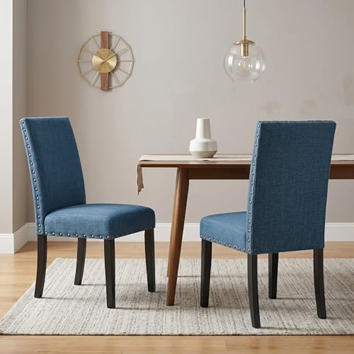 Roundhill Furniture Biony Blue Fabric Dining Chairs with Nailhead Trim, Set of 2