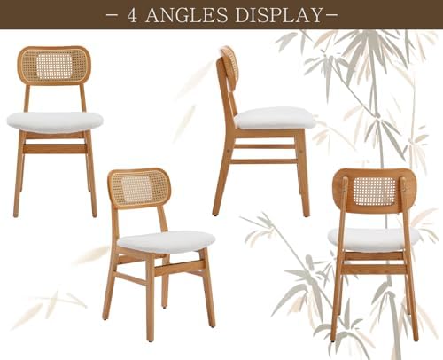Shunzhi Rattan Dining Chairs Set of 4, Upholstered Farmhouse Dining Room Chai...