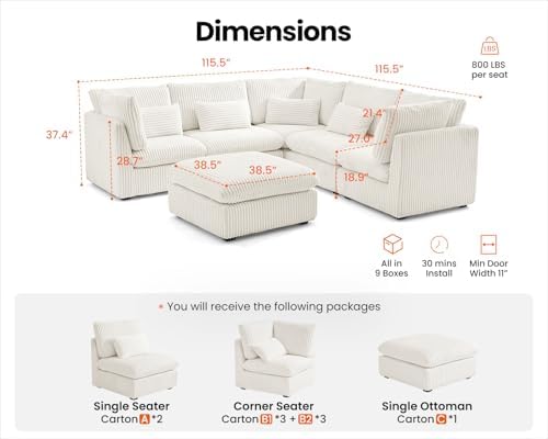 115" Oversize Corduroy Modular Sectional Sofa Couches for Living Room,Wh...