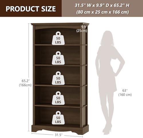 TVU 5-Tier Wooden Bookshelf, 31.5" W x 65" H ×9.9" D Bookshelf...