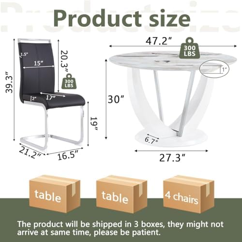 JUFU Round Dining Table Set for 4, 47" White Dinette Set for 4 with Marb...
