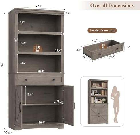 HOSTACK 72" Bookshelf with Storage, Tall Bookcase w/Deep Cabinet, Ash Grey