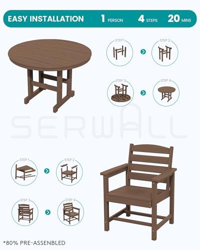 SERWALL 5-Piece HDPE Round Dining Set, 45" Table, 4 Chairs, Brown