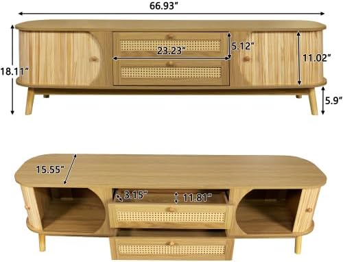 Bellemave Rattan TV Stand for up to 75", Modern Media Console with 2 Cabinets & 2 Drawers, Solid Wood Entertainment Center with Sliding Doors for Living Room, Bedroom (Natural)