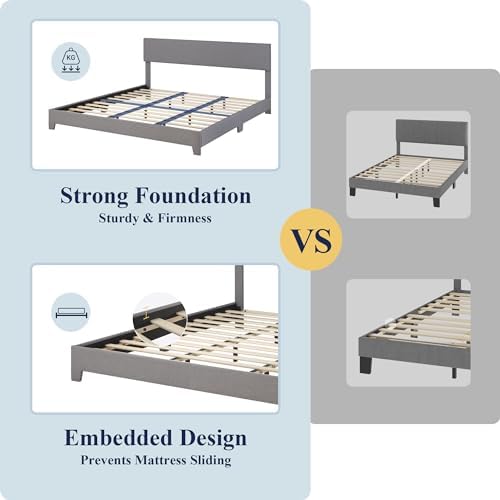 Allewie King Size Upholstered Bed Frame Adjustable Headboard, Light Grey