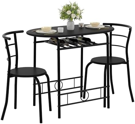 VECELO 3-Piece Dining Table Set for Kitchen Breakfast Nook, Wood Grain Oval T...
