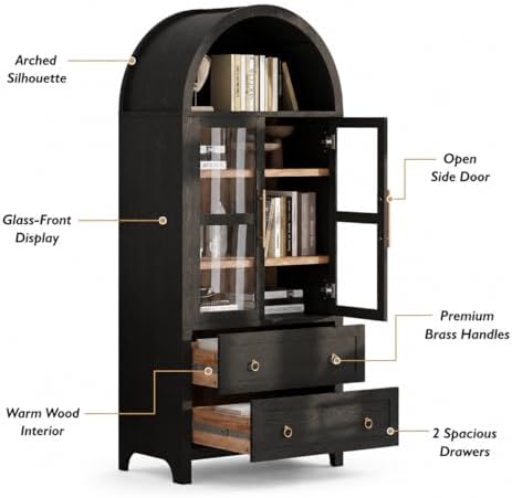 71" Tall Arched Kitchen Pantry Cabinet with Glass Doors, Modern Wood Chi...