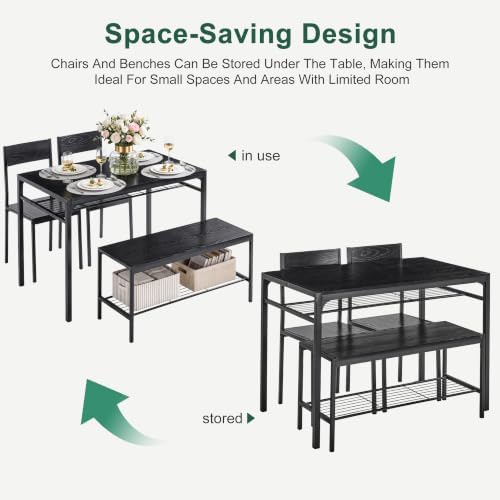 VECELO Kitchen Dining Room Table with 2 Chairs & Bench, Compact Space-Sav...