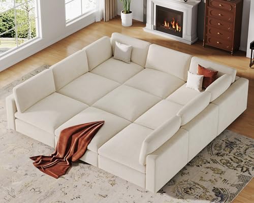 VANOMi Sectional Sofa with Convertible Sleeper Modular Couch,Chenille,Beige |...