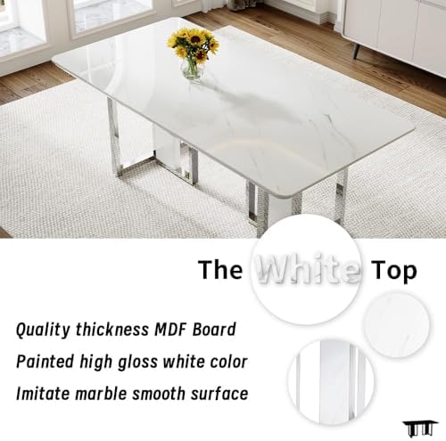 63" White Marble Dining Table Set for 6, Modern Faux Marble Dining Table with Chrome Plate Leg, Kitchen Table with 6 PU Chairs for Kitchen Dining Room, White