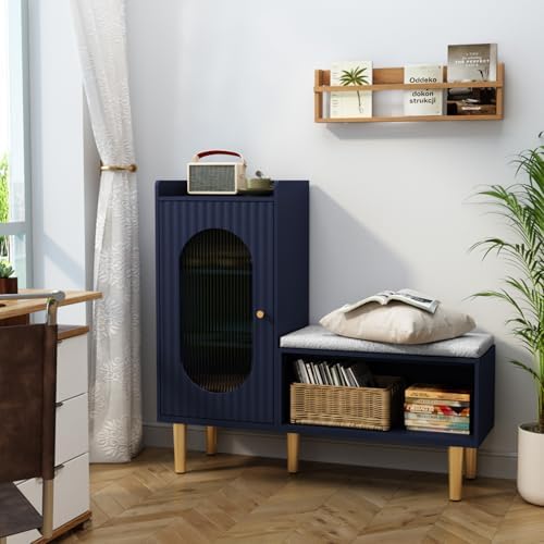 HLR Shoe Storage Bench with Glass Door&Shelf, L-Shaped Shoe Cabinet, Blue...
