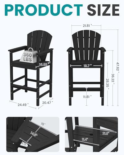 SERWALL Tall Adirondack Chairs Set of 2, HDPE Bar Height Outdoor Chairs