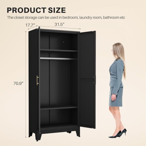 Metal Armoire Wardrobe Closet, 71" Clothing Storage Cabinet with Mirror