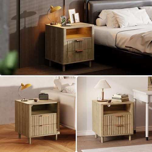 Fluted Nightstand with Charging Station, 2 Drawers Oak