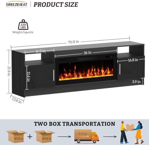 BREEZEHEAT Electric Fireplace TV Stand with 36 inch Fireplace Up to 80" ...