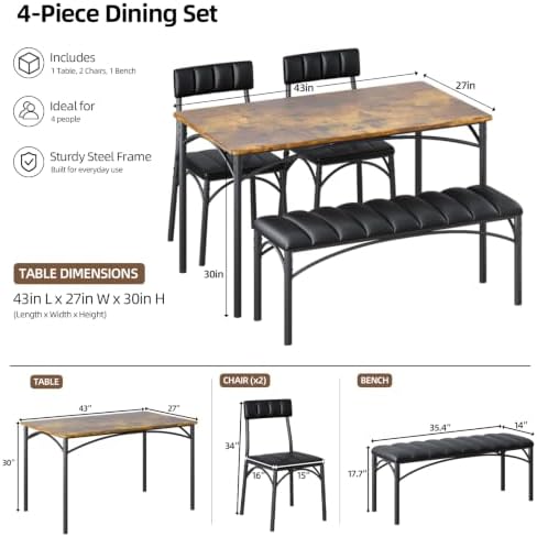 4 EVER WINNER Dining Table Set for 4 with Upholstered Seats, Rustic Brown