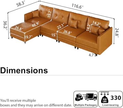 LLappuil 5-Seater L-Shaped Sectional Modular Sofa with Storage, Deep Seat Faux Leather Couches for Living Room, Waterproof & Scratch Resistant, Cognac Tan