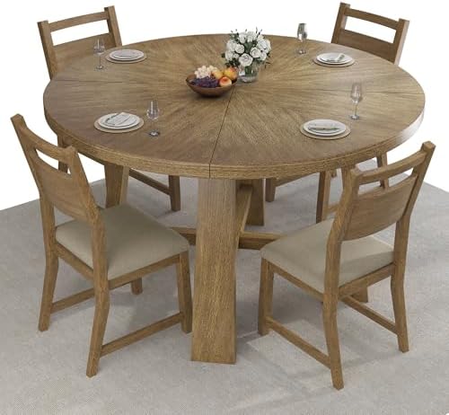 Jocisland Round Table Dining Set for 4, Solid Wood Mid-Century Mordern