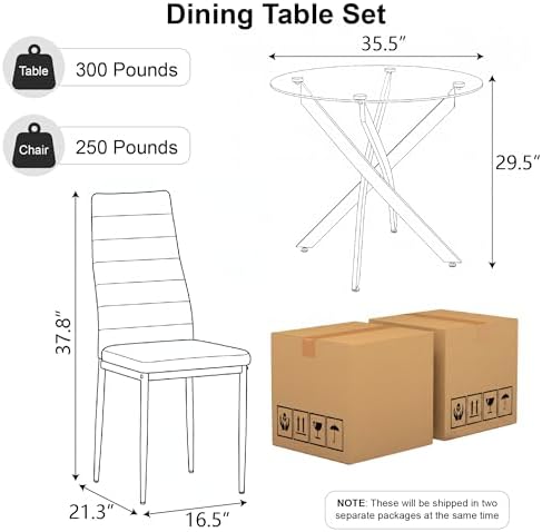 Round Glass Dining Table Set for 4, 35.5'' Tempered Glass Top Kitchen...
