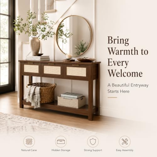 Luoxiao Console Table for Entryway with 3 Rattan Drawers Storage Open Shelf |...