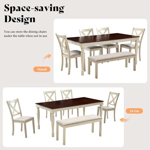 AMERLIFE 6 Piece Farmhouse Dining Table Set with 71" Solid Wood Table