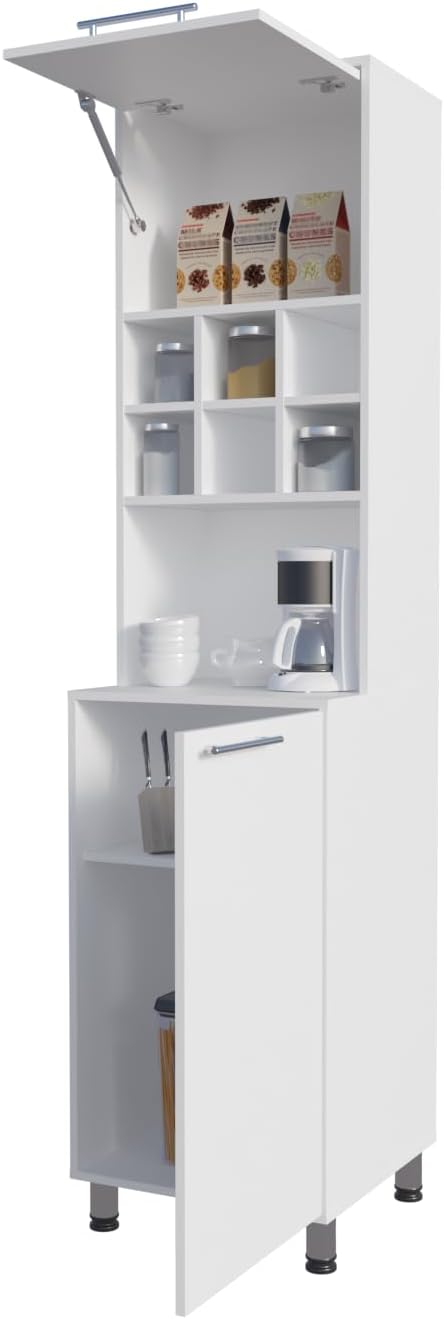 White Kitchen Pantry with Pneumatic Door and Open Storage | Pneumatic door fo...