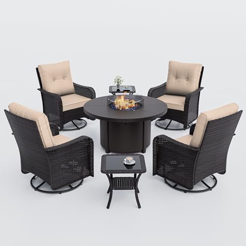 ALAULM 7-Piece Outdoor Swivel Rocking Chair Set with 40,000 BTU Round Fire Pi...