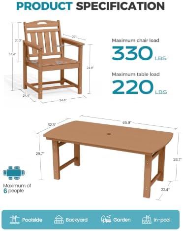 Ciokea HDPE Outdoor Dining Set of 6, Patio Table and Chairs Sets, Teak
