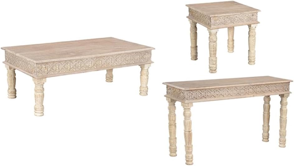 Pemberly Row 3-Piece Solid Mango Wood Living Room Table Set, Weathered Finish...
