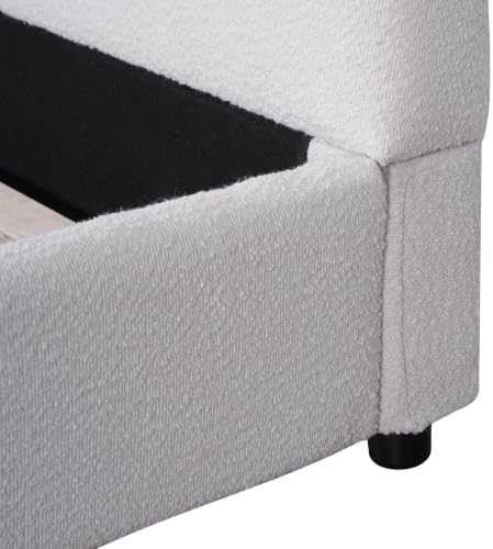 Peanu Queen Bed Frame, Boucle Upholstered Curved Headboard, White