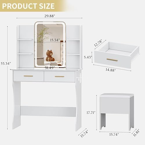 Vanity Desk with LED Lights Mirror & Power Outlet, Small Makeup Vanity Ta...