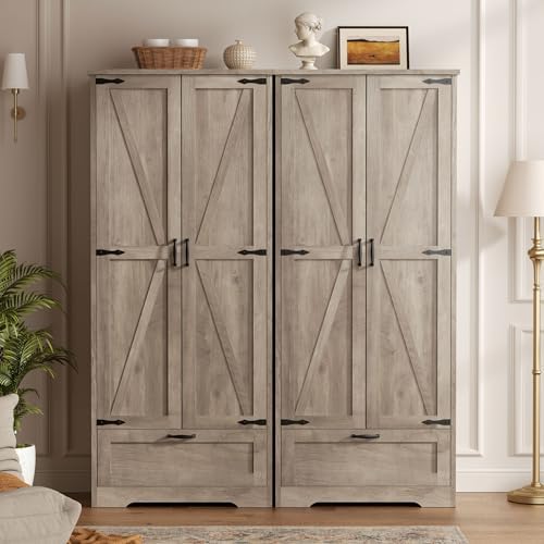 Vongrasig Kitchen Pantry Storage Cabinet with Barn Doors, Drawer and Adjustab...