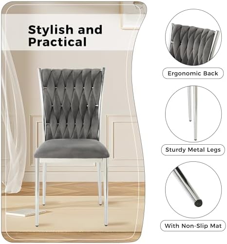 Velvet Dining Chairs Set of 6, Modern Upholstered Kitchen Chairs with Silver ...