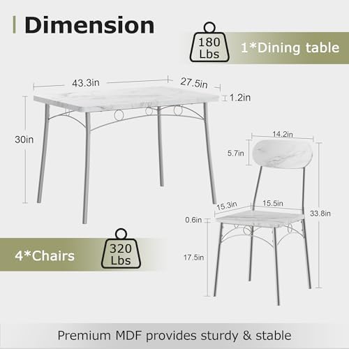 VECELO Dining Table Set for 4, 5-Piece Kitchen Table with 4 Chairs, MDF Board...