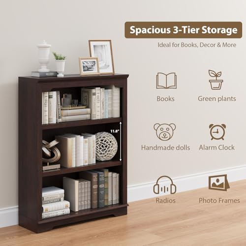 HIFYOBRO 3 Tier Sturdy Bookshelf, 42" Tall Wooden Bookcase, Cherry
