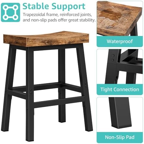 WINAZ Rustic Bar Stools, 24 Inch Barstools Set of 2, Counter Height Stool wit...