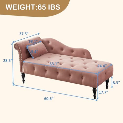Tufted Upholstered Velvet Rolled Arm Chaise Lounges Indoor Chair, Rose | Righ...