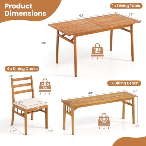 Tangkula 6 Pieces Patio Acacia Wood Dining Set, Outdoor Rectangular Table wit...