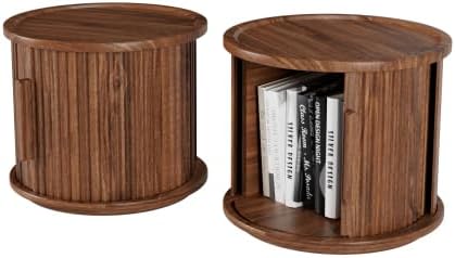Round Coffee Table Set of 2, Nesting Side Table with Sliding Door Storage | R...
